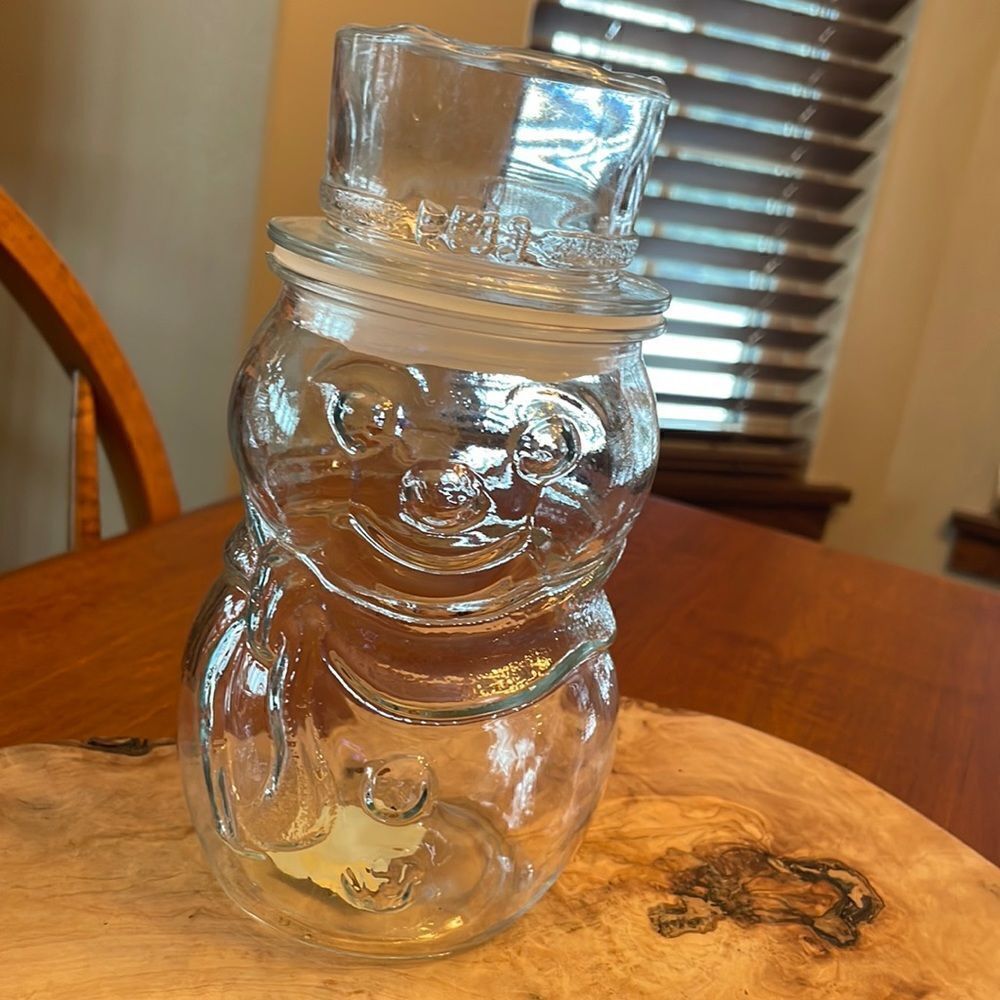 Vintage Clear Glass Libbey Snowman Jar with Lid